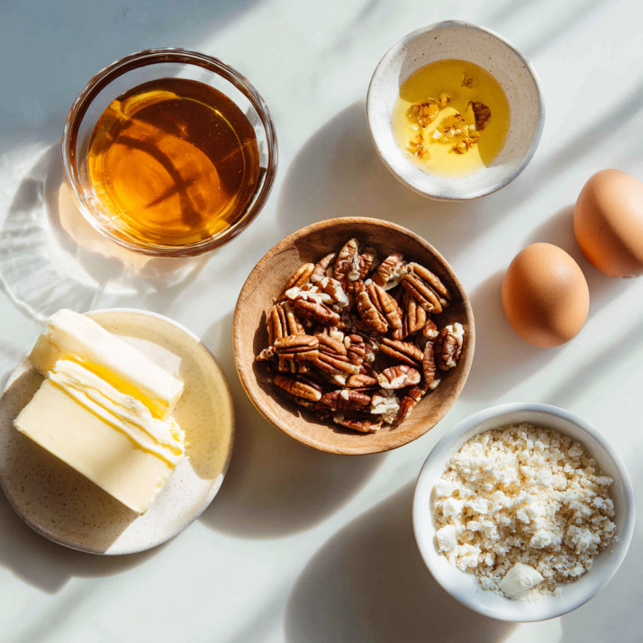 Flat lay of ingredients for maple pecan cookies