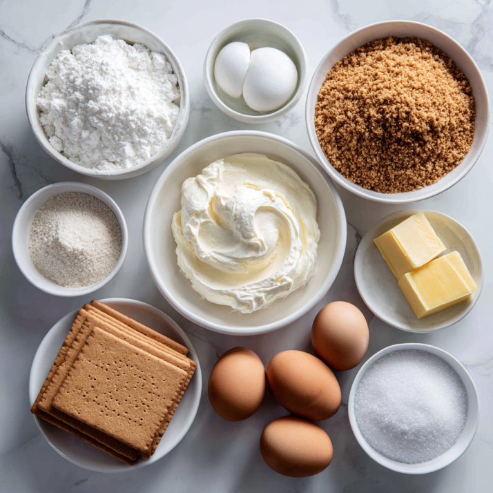 Ingredients for New York cheesecake laid out on marble