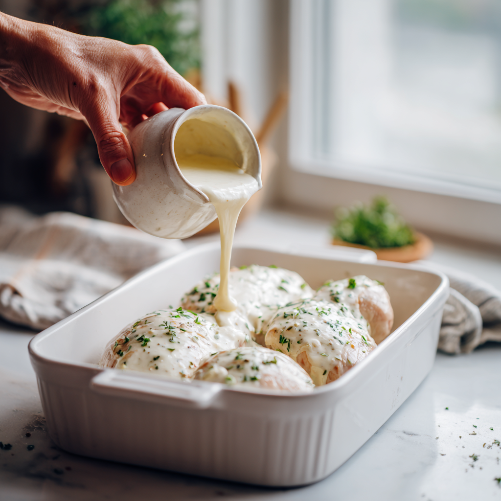 Amazing Cream Cheese Chicken: 1 Step Miracle 6 Hand pouring creamy cheese sauce over chicken in baking dish
