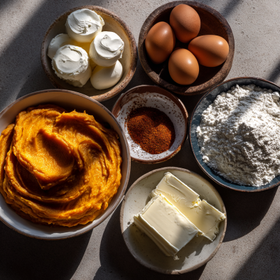 Delicious Creamy Pumpkin Spice Roll Cake 5 Pumpkin spice roll cake ingredients laid out