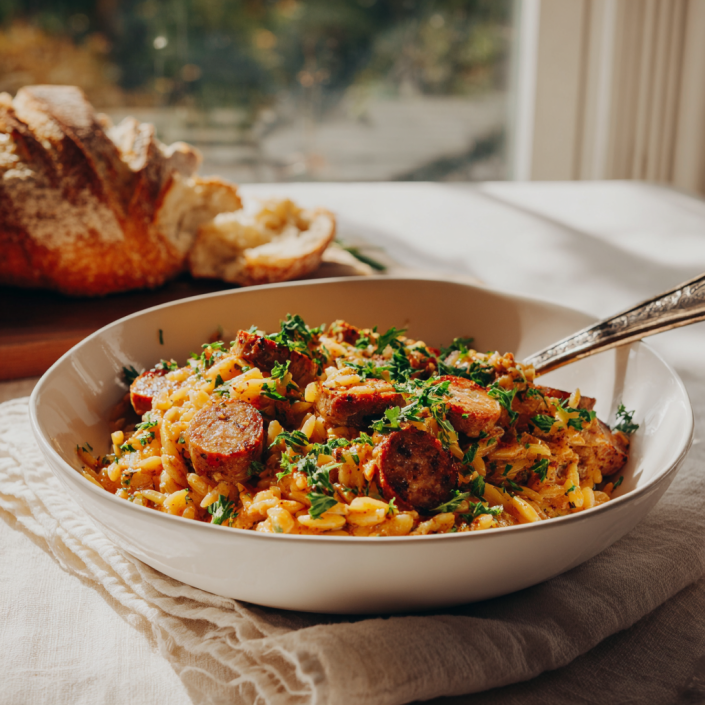 Serving of garlic butter sausage orzo with bread in natural light