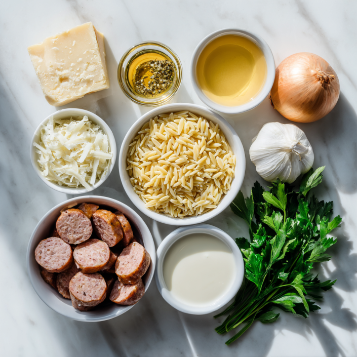 Flat lay of ingredients for garlic butter sausage orzo on a clean counter