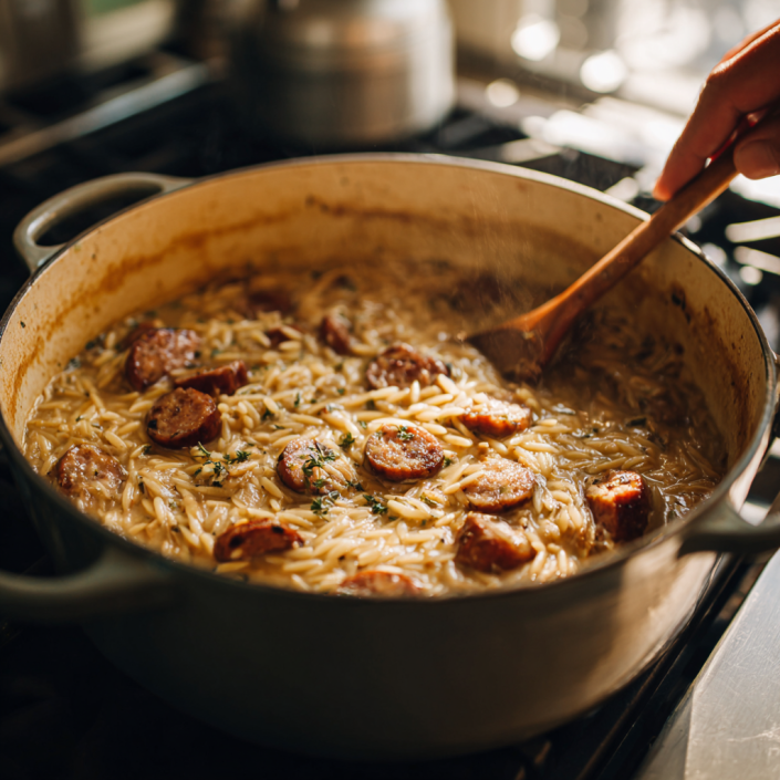 Garlic butter sausage orzo bubbling in a Dutch oven during cooking