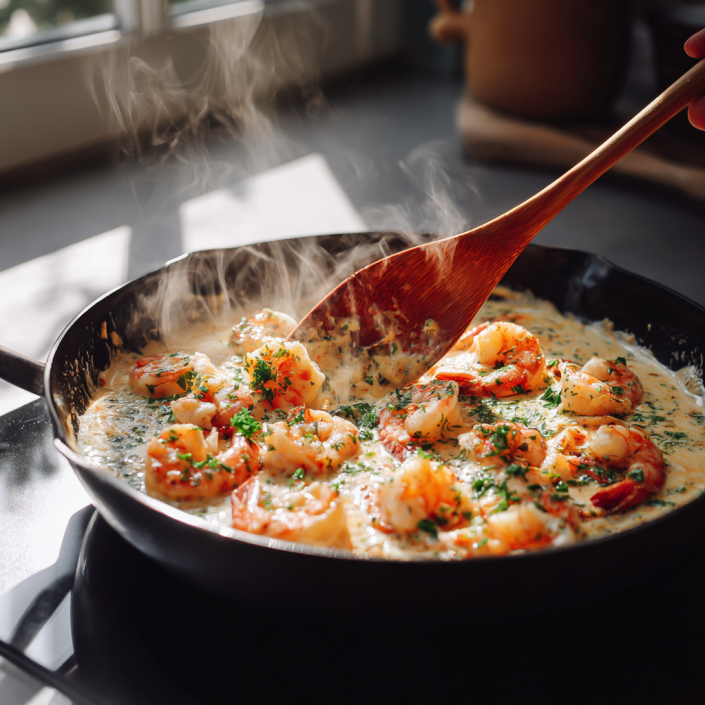 Shrimp cooking in garlic cream sauce in a skillet with natural light