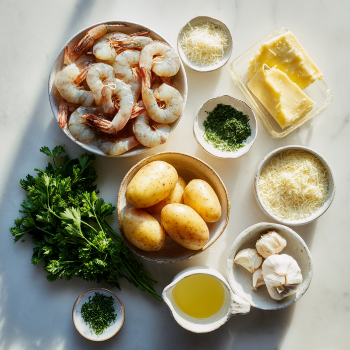 Ingredients for creamy garlic shrimp mashed potatoes recipe