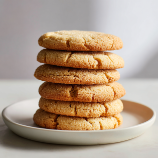Stack of golden-edged browned butter sugar cookies on white plate