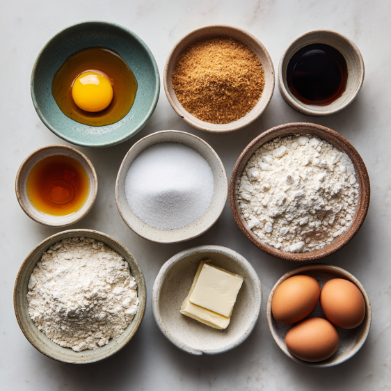 Neatly arranged browned butter sugar cookie ingredients on marble