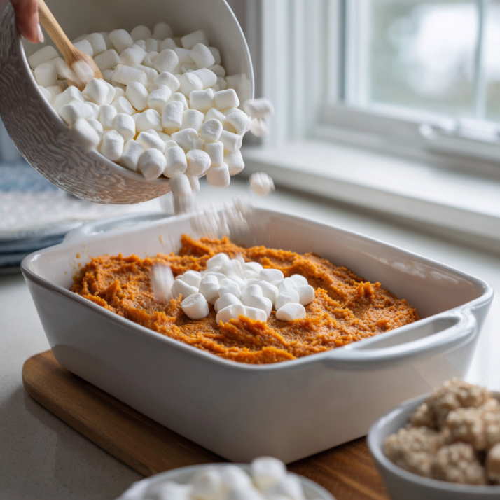 Perfect Sweet Potato Casserole with Marshmallows 6 Casserole dish being filled with sweet potato mix