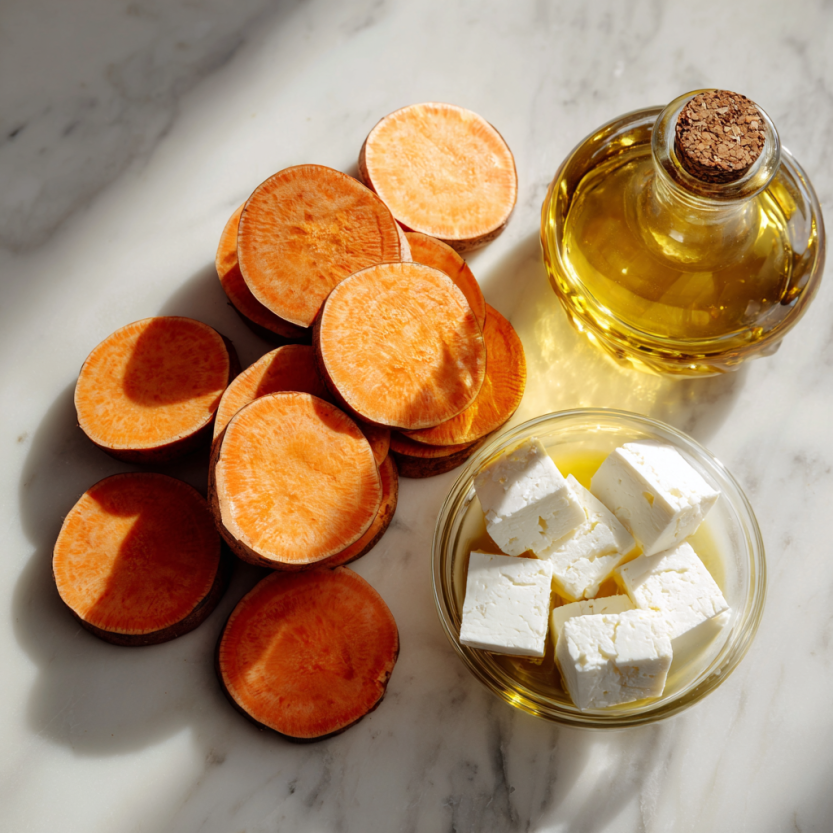 Sweet Potato Rounds: 1 Honey Feta Delight 5 Sweet potatoes, feta, and honey styled simply