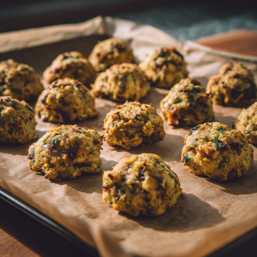 Easy & Tasty Turkey Stuffing Balls: 25 Min Magic 5 Golden stuffing balls baking on tray