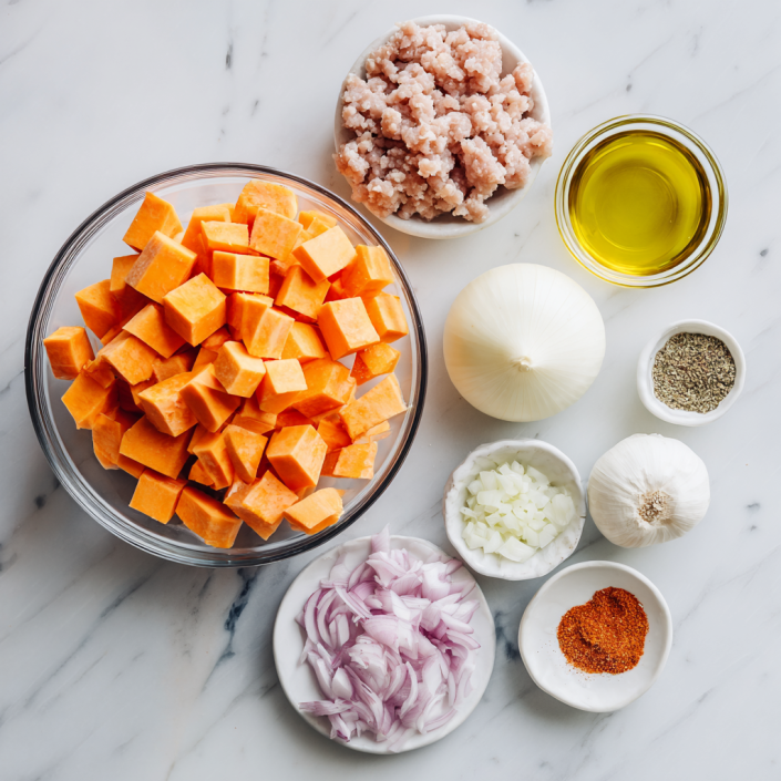 Amazing Easy Ground Turkey Sweet Potato Bake: 1 Pan 5 Clean flat lay of sweet potato bake ingredients under window light
