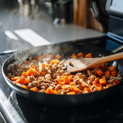 Amazing Easy Ground Turkey Sweet Potato Bake: 1 Pan 6 Ground turkey and sweet potatoes sautéing in skillet during prep