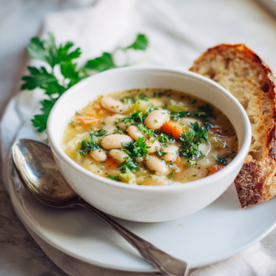 White bean soup simmering in a Dutch oven with kale
