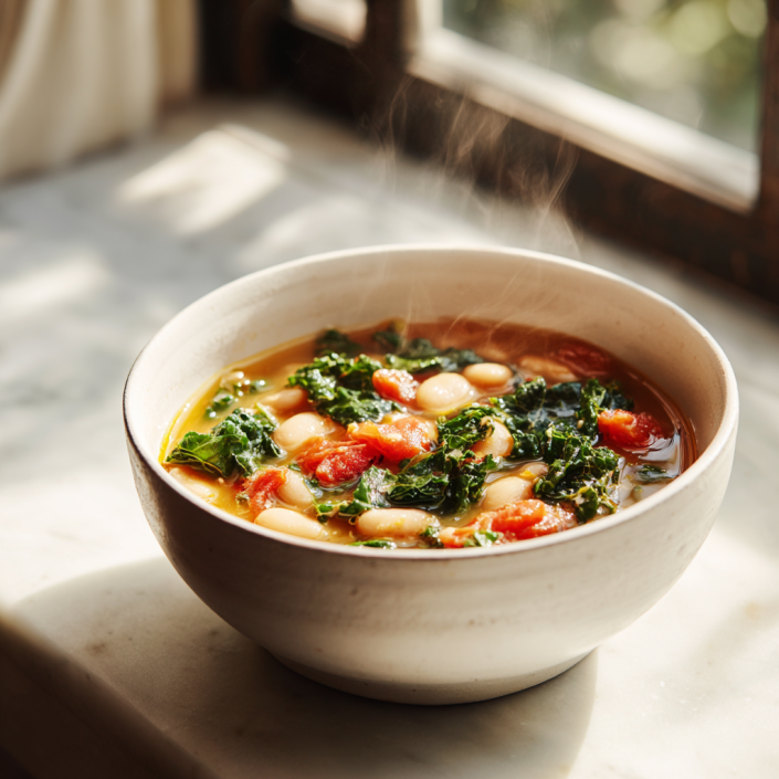 Tuscan white bean soup with kale and tomatoes in a white bowl