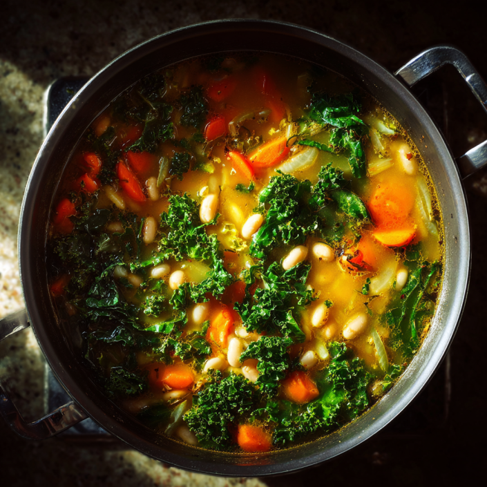 White bean soup simmering in a Dutch oven with kale