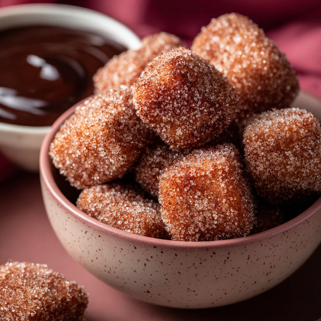 VALENTINE DESSERTS, PINK TREATS & ROMANTIC SWEETS FOR A HEARTWARMING CELEBRATION 7 Cinnamon sugar churro bites in a bowl