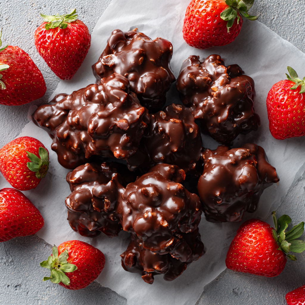 VALENTINE DESSERTS, PINK TREATS & ROMANTIC SWEETS FOR A HEARTWARMING CELEBRATION 2 Chocolate strawberry yogurt clusters on parchment