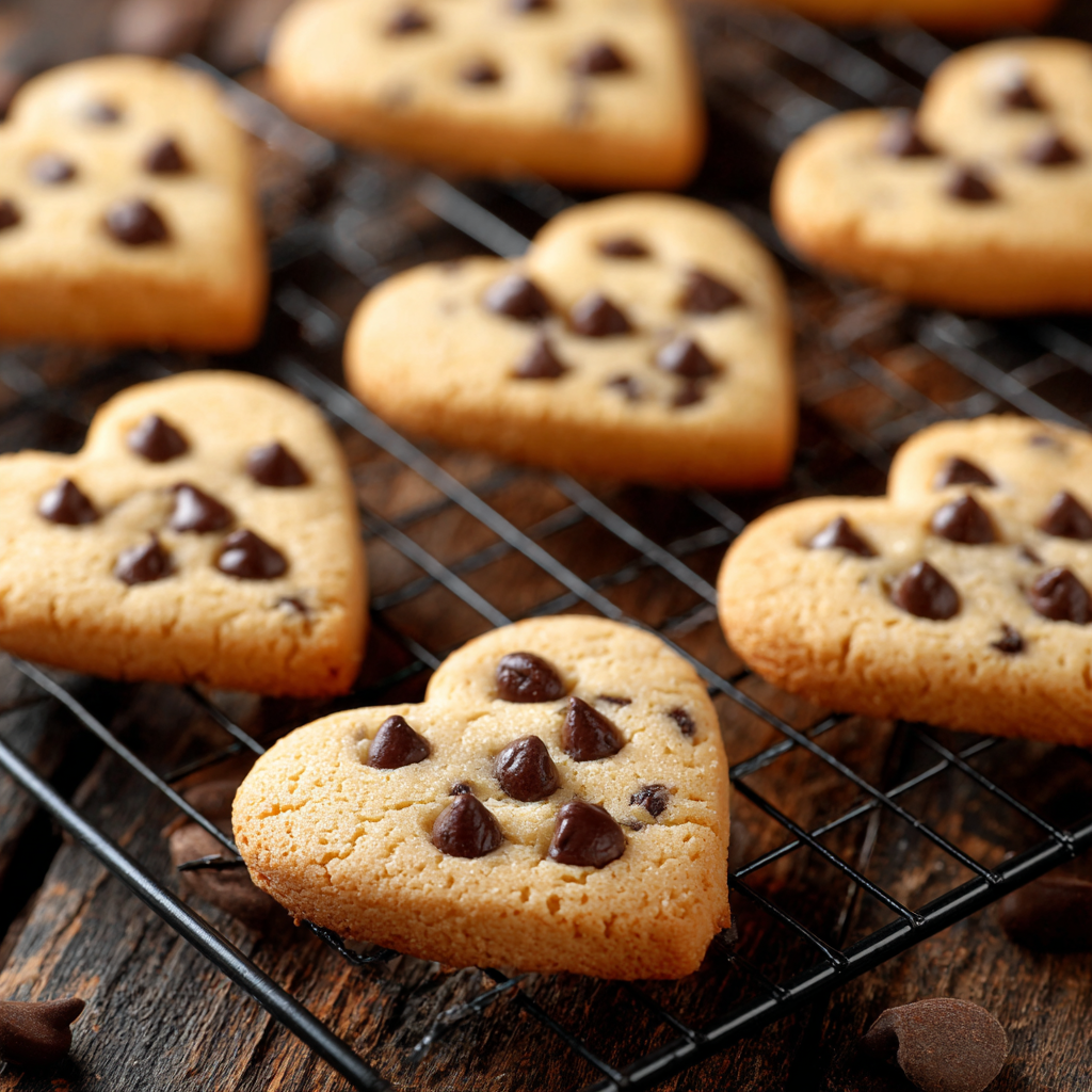 VALENTINE DESSERTS, PINK TREATS & ROMANTIC SWEETS FOR A HEARTWARMING CELEBRATION 16 Heart-shaped chocolate chip cookies cooling on rack