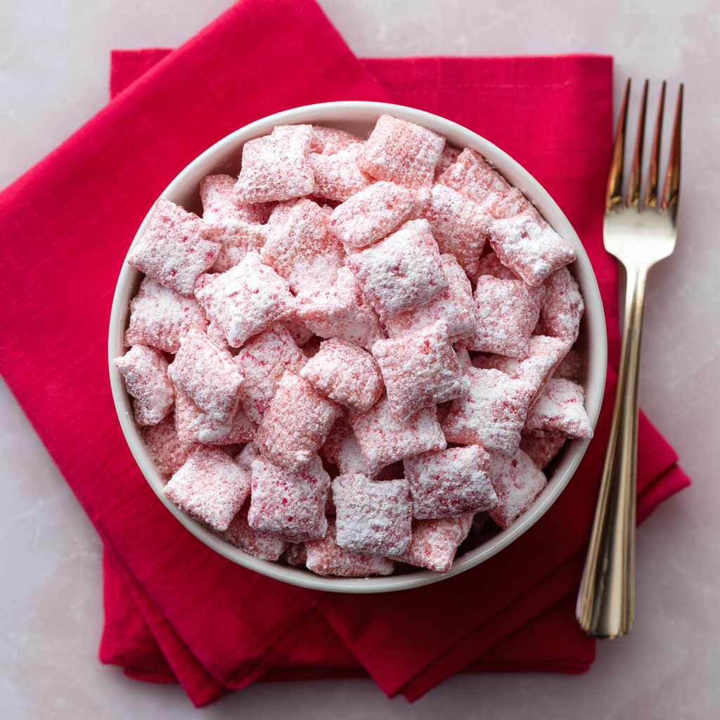 VALENTINE DESSERTS, PINK TREATS & ROMANTIC SWEETS FOR A HEARTWARMING CELEBRATION 12 Strawberry shortcake puppy chow in a bowl