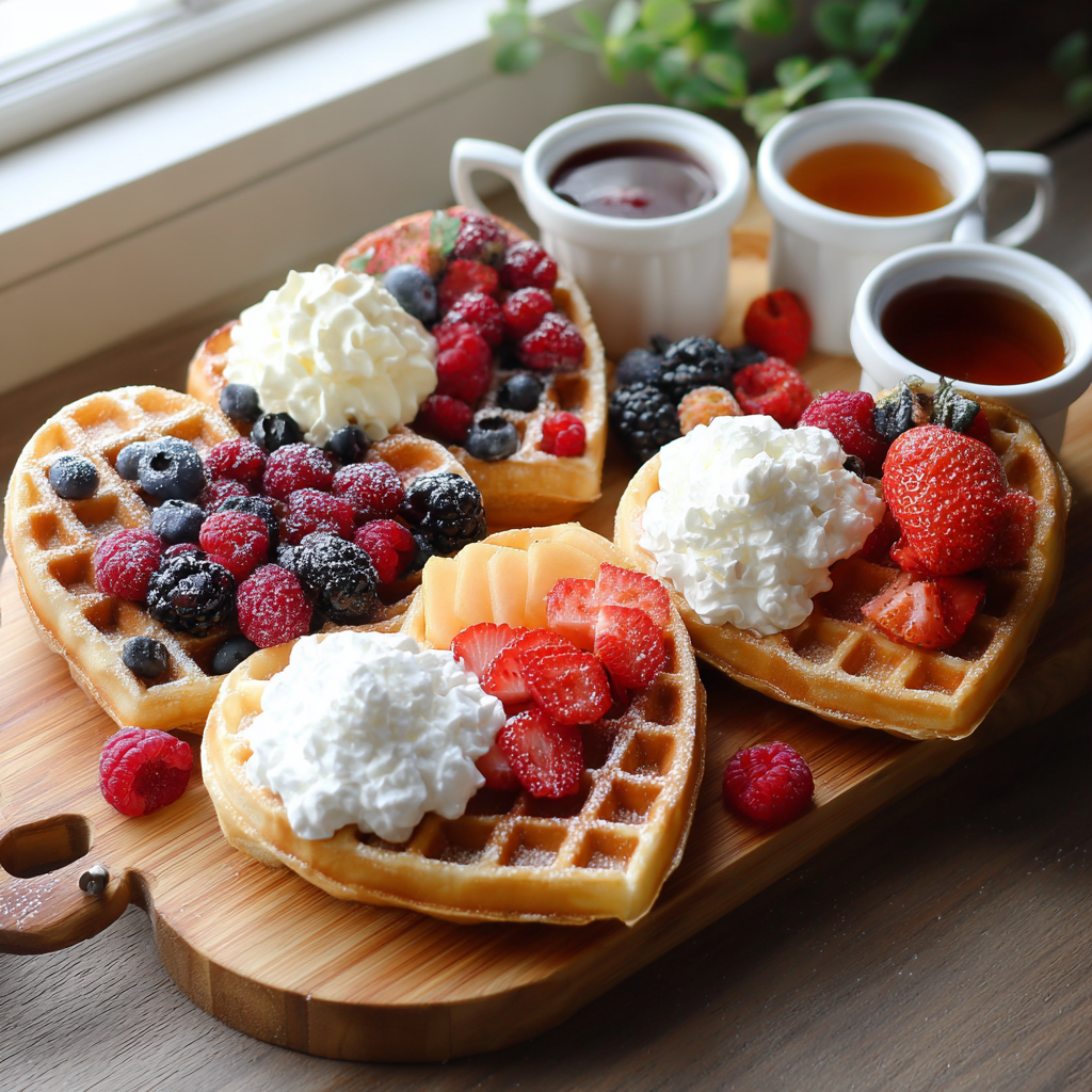 VALENTINE DESSERTS, PINK TREATS & ROMANTIC SWEETS FOR A HEARTWARMING CELEBRATION 9 Valentine waffle board with heart waffles and berries