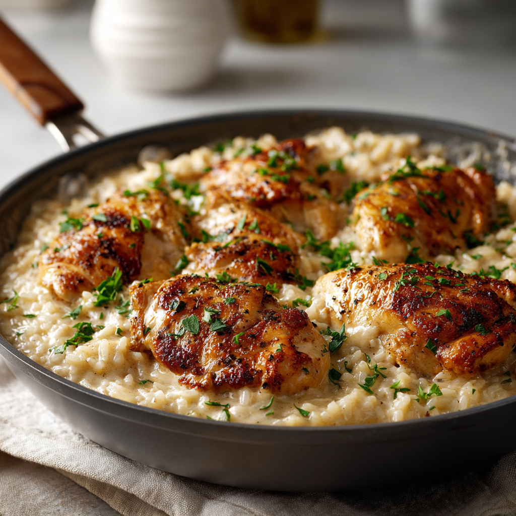 One-pan creamy chicken dinner with garlic rice