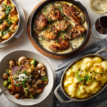 Skillet dinner recipes served in modern dishes on a table