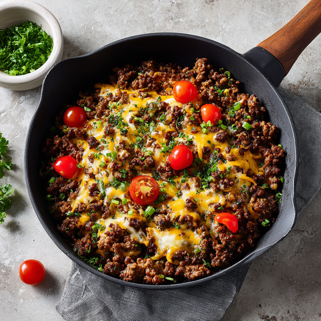 Easy One-Pan & Skillet Dinners: 21 Skillet Chicken, Beef & Keto Recipes 1 Keto cheeseburger skillet dinner