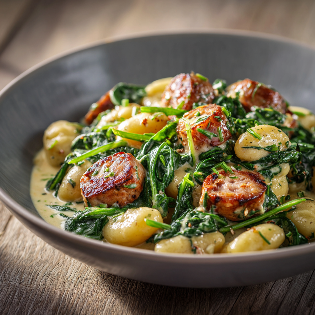 Easy One-Pan & Skillet Dinners: 21 Skillet Chicken, Beef & Keto Recipes 3 Garlic sausage spinach gnocchi skillet