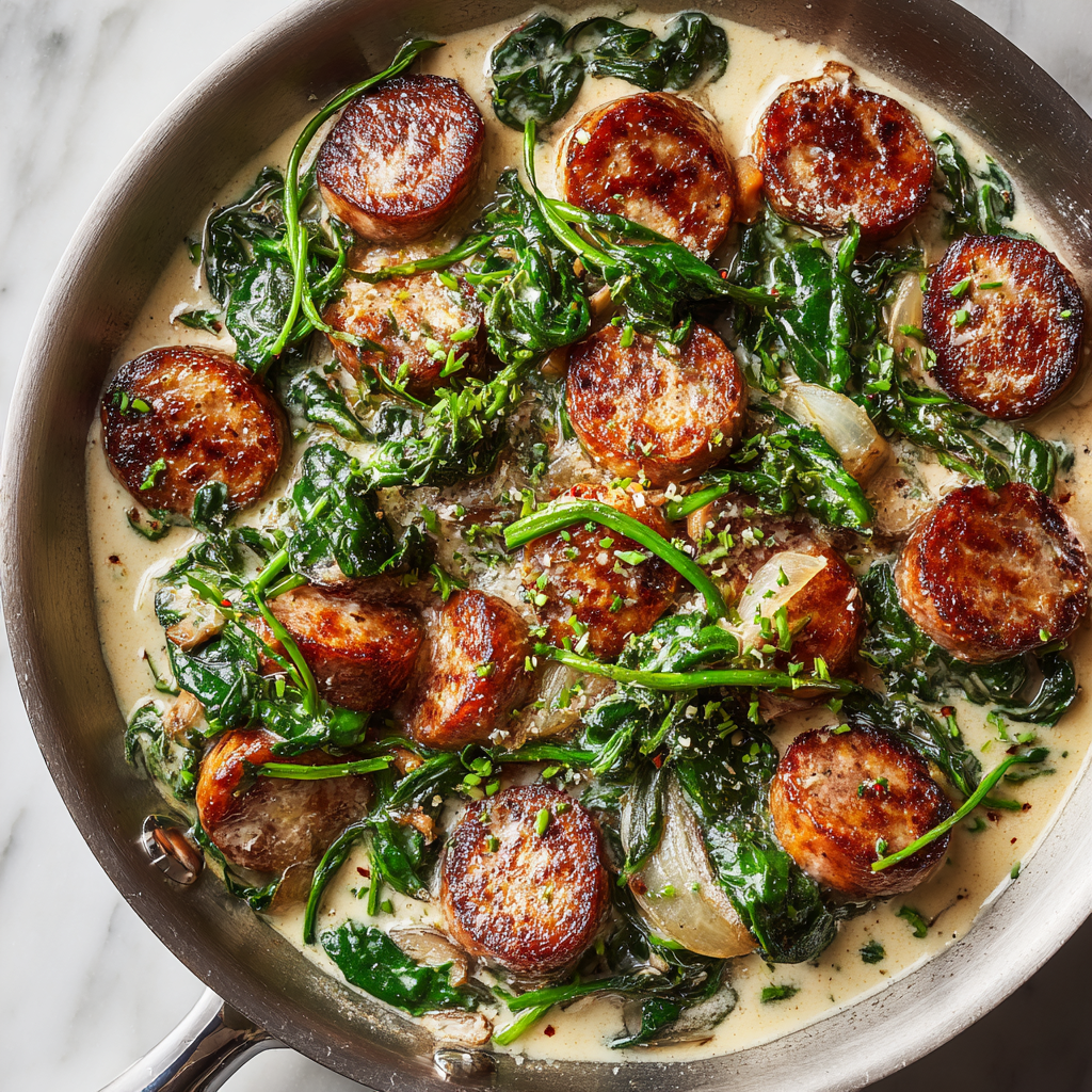 Easy One-Pan & Skillet Dinners: 21 Skillet Chicken, Beef & Keto Recipes 20 Creamy sausage spinach skillet