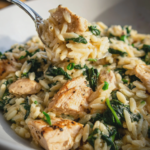 30 minute high protein chicken spinach orzo skillet
