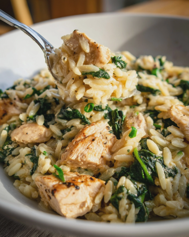 30 minute high protein chicken spinach orzo skillet